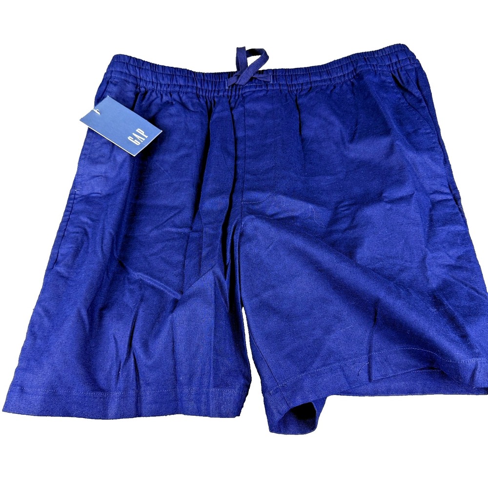 Gap Mens Pull On Linen Blend Shorts Large Navy Blue Drawstring Casual NWT